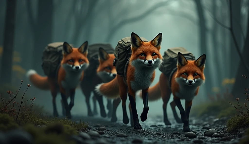 SEVERAL FOXES MOVING FORWARD OUT OF THE DARKNESS WITH BACKPACKS ON THEIR BACKS AFTER A SAD MOMENT