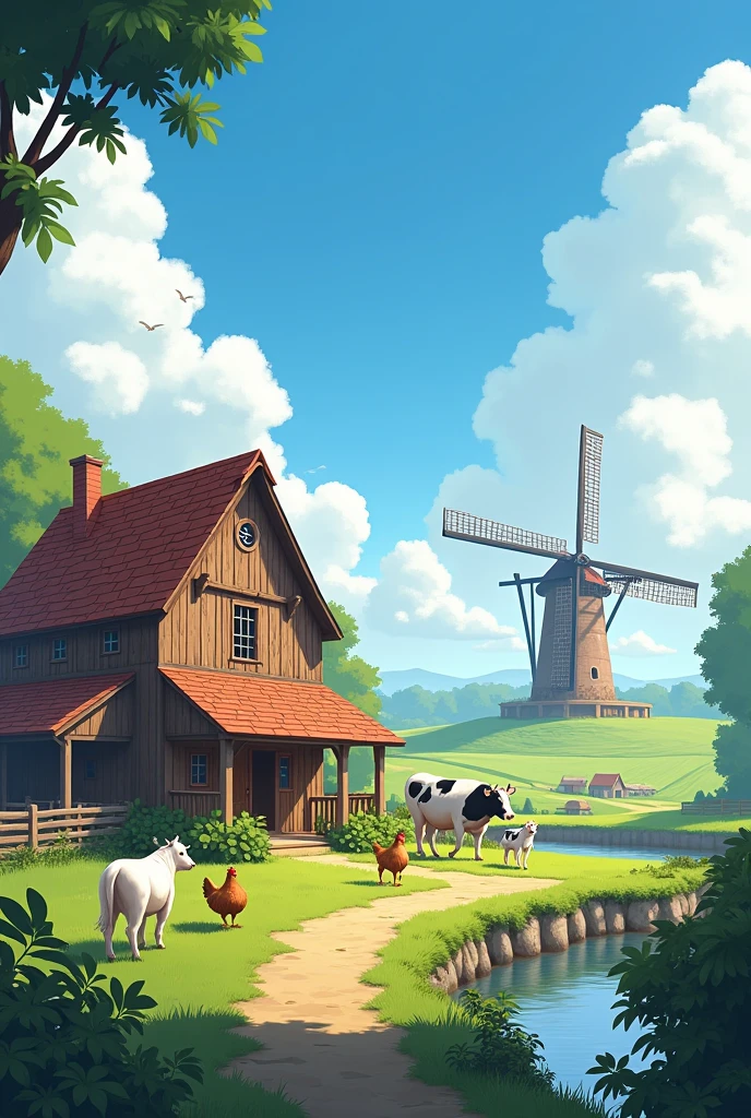 An image of a farm with a house, its animals and a windmill for a logo