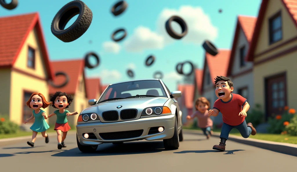 Im Stil von Cartoon 3D-Animations-Filmen. Villagers flee in fear from flying car tires and a speeding silver BMW E46 Compact. A villager is brutally killed by a tire.