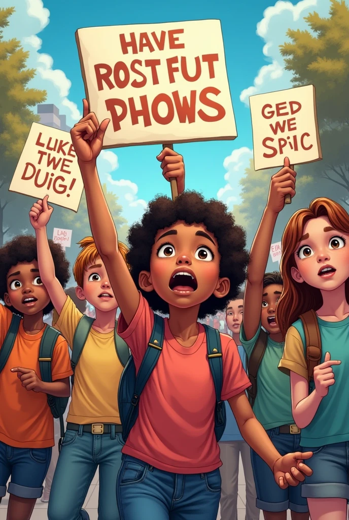 Desenhe 6 crianças preocupadas manifestando segurando placas