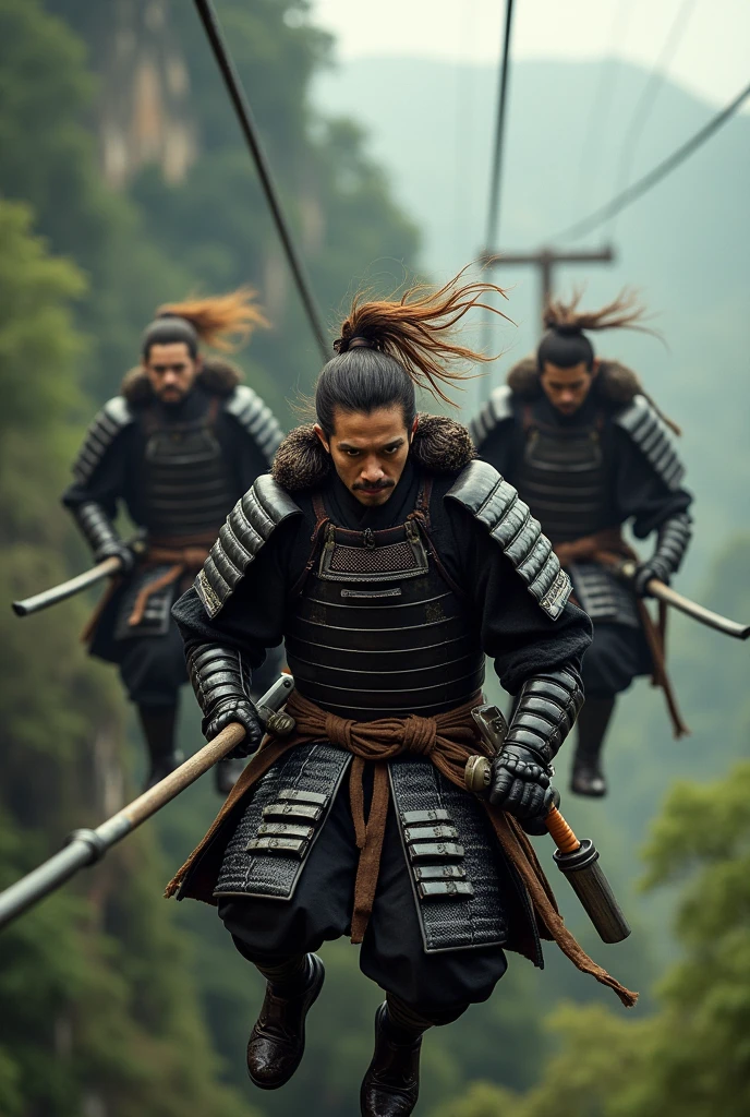 Highest quality, Ultra-high resolution, 8k, RAW Photos ,Japanese Samurai、group、((Enjoy the zip line))、Expressionless、high speed、Strong winds mess up my hair、warrior、armor、pocket、knife、beard、Never give up