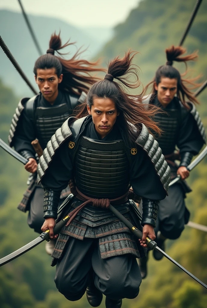 Highest quality, Ultra-high resolution, 8k, RAW Photos ,Japanese Samurai、group、((Enjoy the zip line))、Expressionless、high speed、Strong winds mess up my hair、warrior、armor、pocket、knife、beard、Never give up