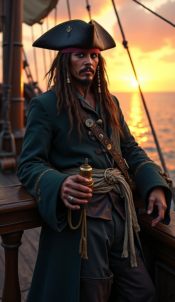 Jack Sparrow lounges against the railing of his weather-beaten ship, the Black Pearl, as the sun sets over the horizon. His signature tricorn hat is tilted at a jaunty angle, and his unkempt hair and beard flutter in the sea breeze. His pirate coat, adorned with various trinkets and a sash, flows loosely, and his eyes glint with mischief and a hint of weariness. In one hand, he holds a rum bottle, and his other hand rests on a well-worn compass. The scene captures a rare moment of calm amidst the chaos, reflecting Jack’s unpredictable nature and his perpetual search for freedom and adventure, tinged with a touch of melancholy.