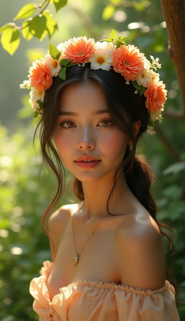 a beautiful girl in a lush garden, extremely detailed face, long eyelashes, beautiful detailed eyes and lips, intricate flower crown, flowing dress, serene expression, sunlight filtering through trees, hyper realistic, photorealistic, 8k, cinematic lighting, vibrant colors, masterpiece, digital art