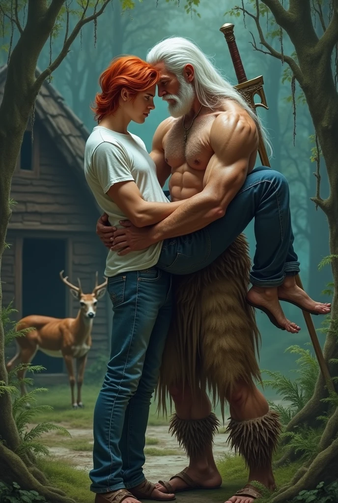 two mens, an 18 year old young man, red hair, corpo magro e red hair, wearing jeans and a white t-shirt and a man with long, white hair and a youthful appearance, much taller than the red-haired man,apparently 30 year old hairy chest, muscular and sexy with animal skin pants and holding a sword on his back. Carrying the red-haired man in his arms. They are in a dark and enchanted forest near an old cabin with a deer walking around there.