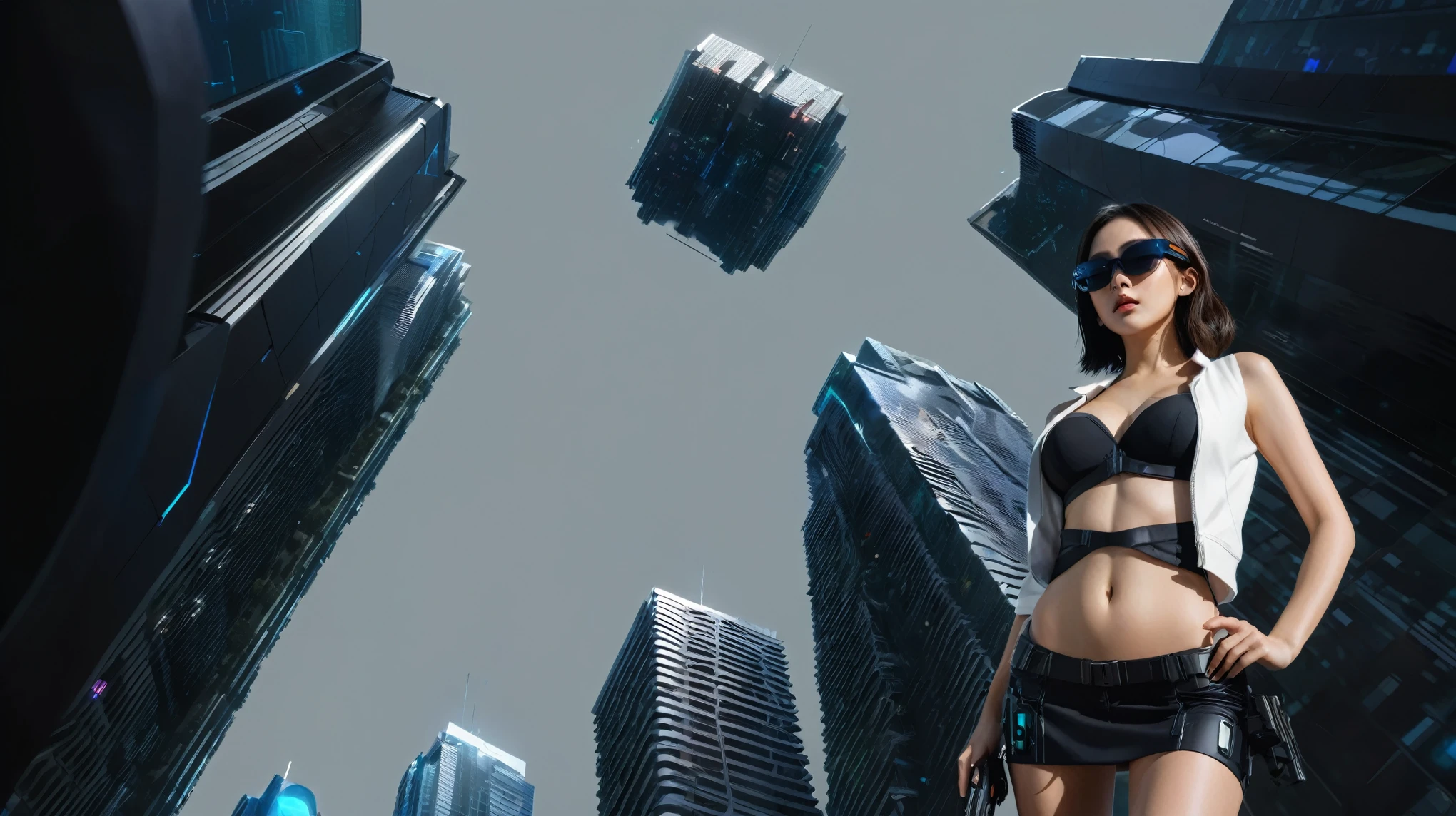 (Low angle view). A futuristic sci-fi all-glass city, tall neon buildings, 1 drone. High-resolution OLED GUI interfaces in the building, The windows are filled with transparent data visualization infographics that show it all, from weather patterns to traffic flow, Matrix cascading code. Colors are saturated and vibrant. At night, (1girl, solo), photo realistic, medium-breast:1.3 slim body, cleavage, sexy costume, miniskirt, (matrix style black sunglasses, holding a short gun), half-body thigh level medium shot, cinematic lighting, ray tracing.