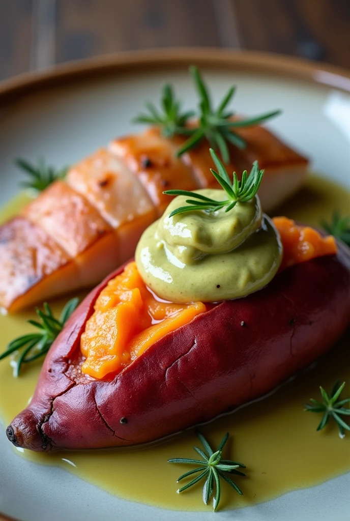 Red sweet potato with olive cream and trout