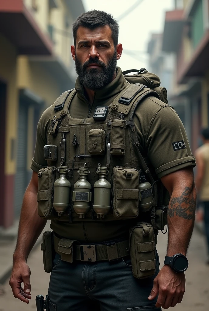 Create a character, a soldier of the rj drug trade, He lives in Rocinha and carries several equipments, create him with grenades on his waist, tactical vest, chargers, Flamengo backpack and clothes