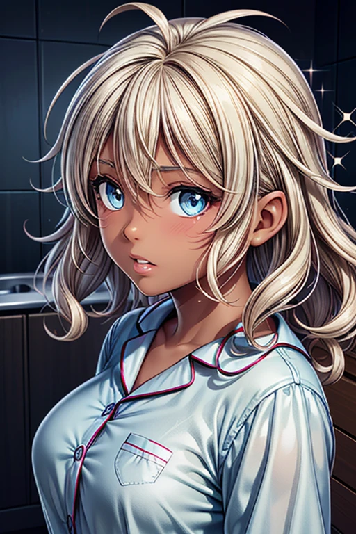 #Basic
A girl posing for a photo, (((One Girl))), (((Baby Face:1.4)) + ((cute:1.4)) + ((15 years old))),
break
#Clothing Accessories
((Light blue pajamas:1.5)) : Long sleeve:1.2 + White check pattern,
break
#Features
((Blonde:1.2)) + ((Bedheadのある前髪)) + ((very long transverse hair)) + ((Long Hair : Short Hair + Curly hair + Wild Hair + Voluminous Hair + Bedhead:1.5)),
((Droopy eyes:1.4, Big eyes:1.2), blue eyes), (Small breasts:1.2), (中立的な顔のFeatures), (Tanned dark skin:1.4),
break
#background environment
((morning, Washroom)),
#Facial Expression Pose
((Sleepy face, Open your mouth:1.2)), ((Brush your teeth)),
#composition
((Side angle:1.2, Cowboy Shot)),
break
#Body parts elements
(Slim figure),
(Symmetrical facial features),
(Detailed Hair, Beautiful Hair, Shiny Hair),
(double eyelid, Long eyelashes, Thin eyebrows:0.5, Thin eyebrows:0.5),
(Expression of fine eyes, Beautiful and delicate eyes, Sparkling eyes, Eye Reflexes, Glitter Eyeliner),
(Human Ear),
(Beautiful Nose, Thin Nose),
(Glossy Lips, Beautiful Lips, Thick lips),
(Textured skin, Detailed skin, Textured skin, Beautiful Skin, Oily skin),
break
#quality
(((最高quality)), ((masterpiece:1.3)), ((Very detailed))), ((Ultra-high resolution)), ((16K)), ((1080P)), ((Full HD)),
((Anatomically correct)), ((Realistic)), (3DCG), ((Oil painting)),
((comics, anime)), (CG illustration), (RAW Photos),
