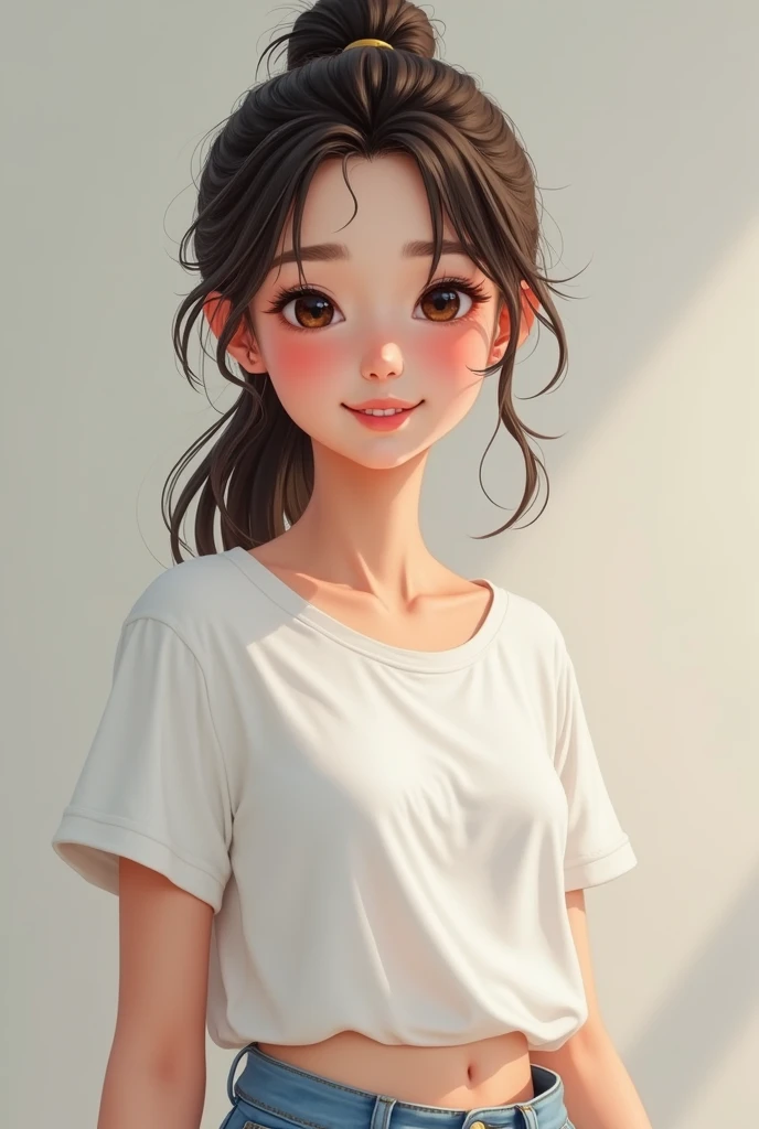 A detailed portrait of an 18-year-old female teenager. She has a  frame, a youthful glow to her complexion, expressive eyes filled with curiosity, and a dimpled smile. She has medium-length hair tied up in a casual ponytail. She is wearing a comfortable and stylish t-shirt and jeans, 