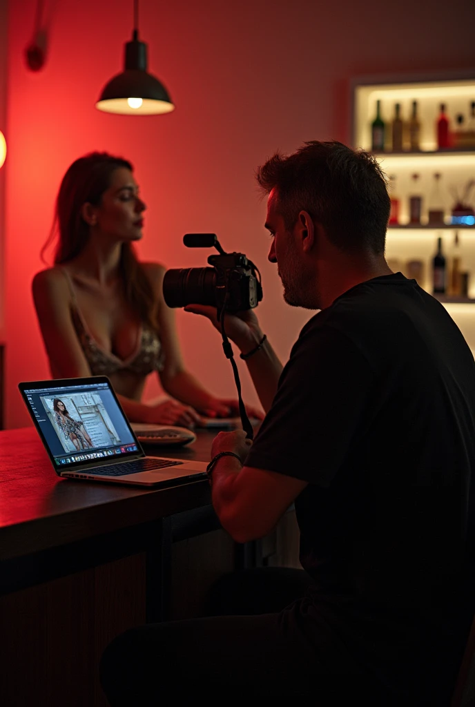 There is a 40-year-old photographer,Photographing a beautiful woman,Photographer with short hair, (slightly overweight), Sit at the bar,Directing a model,, Models wear sexy,In his studio, With camera, There are a lot of clothes and high heels in the closet,Popular on Art Station, Play Techno House Music, Music playing, listen to music,masterpiece