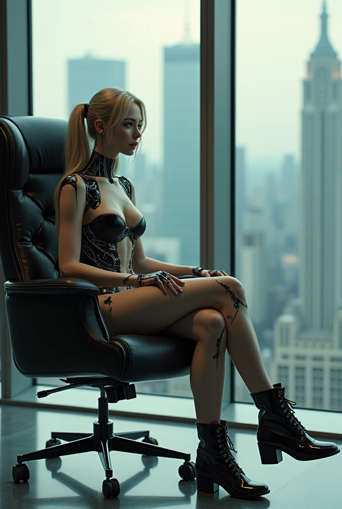 office in a skyscraper in a big city, female cyborg, beautiful detailed eyes, beautiful detailed lips, beautiful detailed face, extremely detailed eyes, extremely detailed face, long eyelashes, sits with her feet up in a luxurious chair, heavy mens boots, high quality, absurdity, masterpiece, beautiful, complex parts, 1/2 body trimmings, slender body, beautiful figure, magnificent anatomy