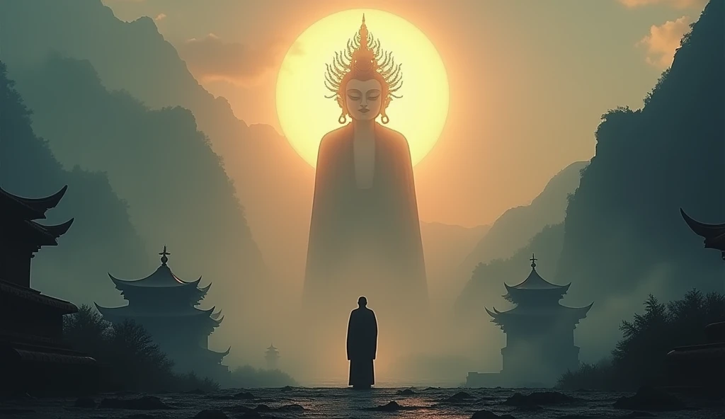 Photo of a silhouette of a Buddhist monk in simple robes stands on top of a mountain gazing up at a the gigantic demigod's figure standing in front of him, a mystical demigod with three faces and intricate designs crown, bathed in radiant light from behind. The scene is set against a backdrop of fog-covered mountains and Tibetan temple structures, creating a serene and sacred atmosphere. The light accentuates the demigod's silhouette, adding a sense of divinity and otherworldliness to the composition, cinematic, back lighting