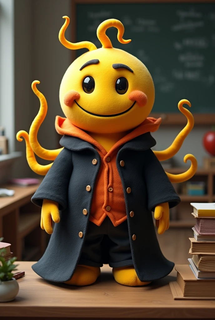 Fais un smiley professeur avec des tentacules et une robe d'enseignant noire et orange 