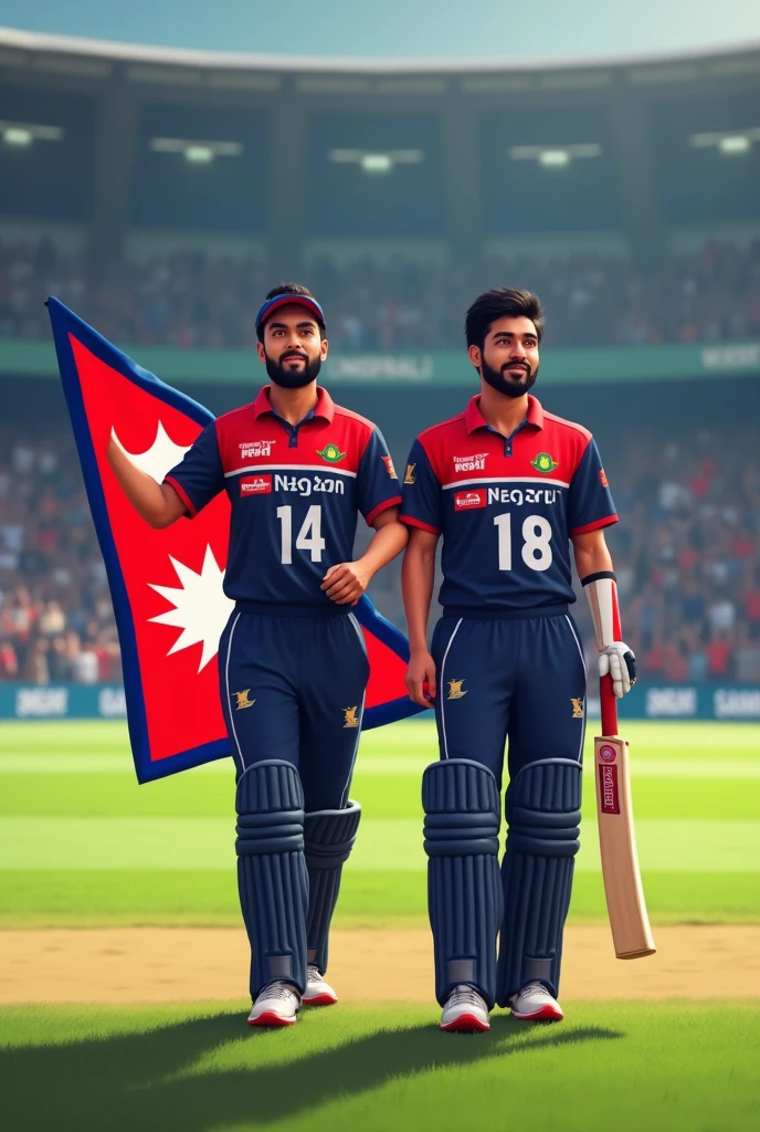 Two cricket players named Aman with jercy no 14 and samip with gercy no 18 watching crowd appreciation carring nepali flag from cricket pitch inside the TU international cricket ground