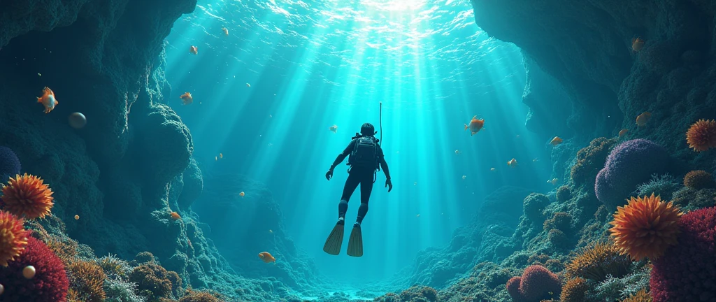 A person who dives into the water and discovers a fantastic underwater world, magical with perspective