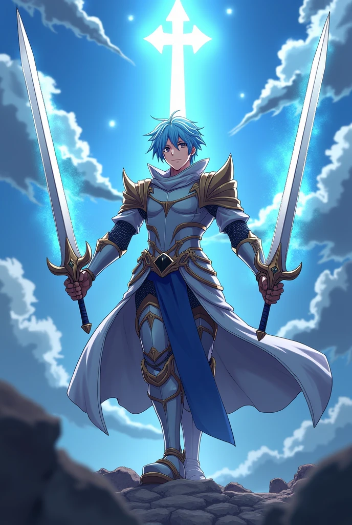 A male anime character with light blue hair. He is a brave knight. His weapons are two holy swords. The first one is a pure white sword with a light aura. The second one is a pitch-black sword with a dark aura.