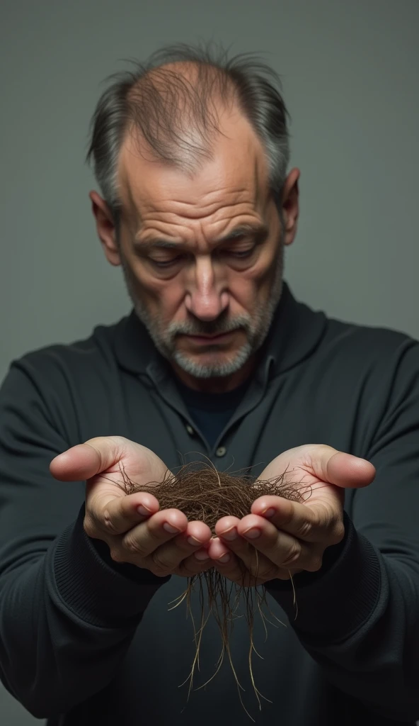 Create an image for me of a man with hair loss, holding the hair that fell out.  I need to get the public&#39;s attention