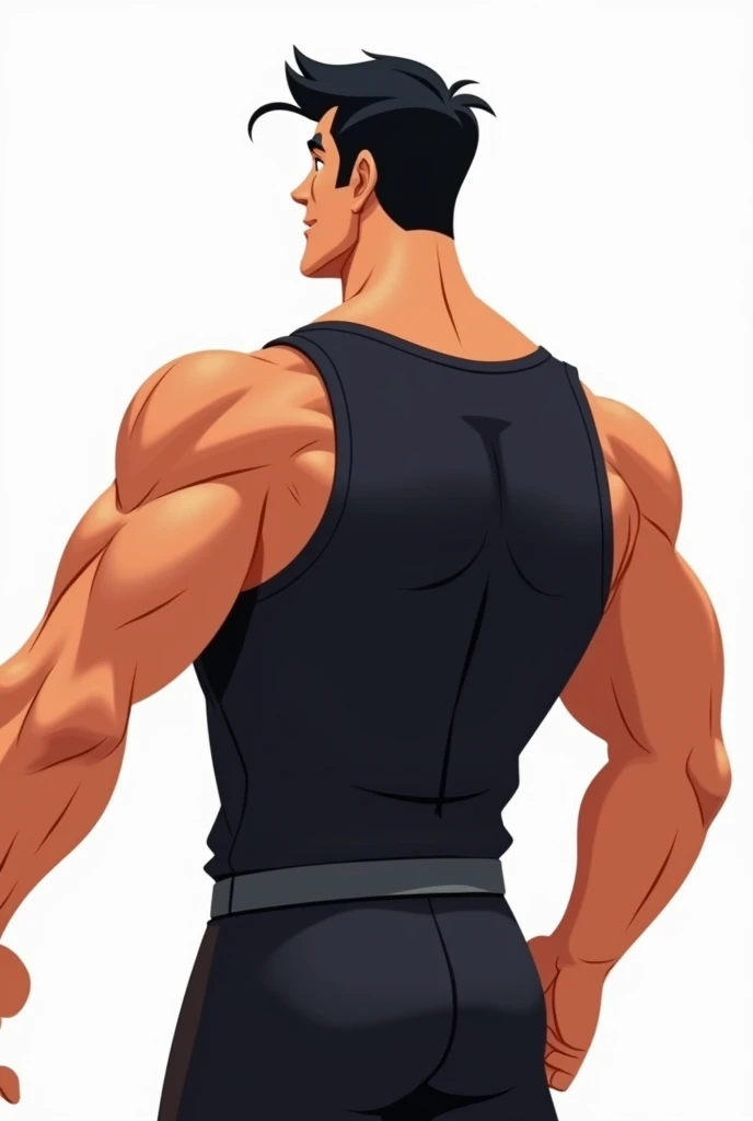 Man with his back to the image, athletic body, black jersey, Bblack hair. white image background.  animated cartoon