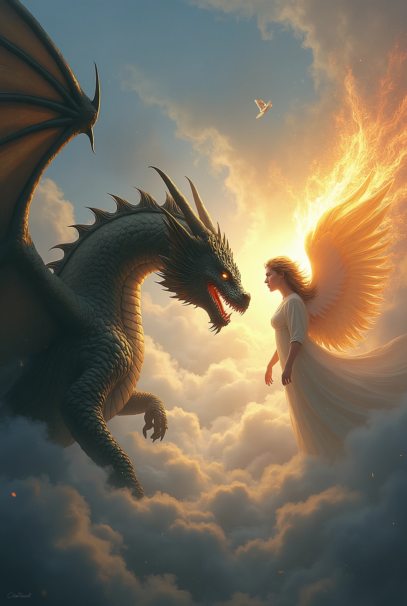 Dragon facing an angel