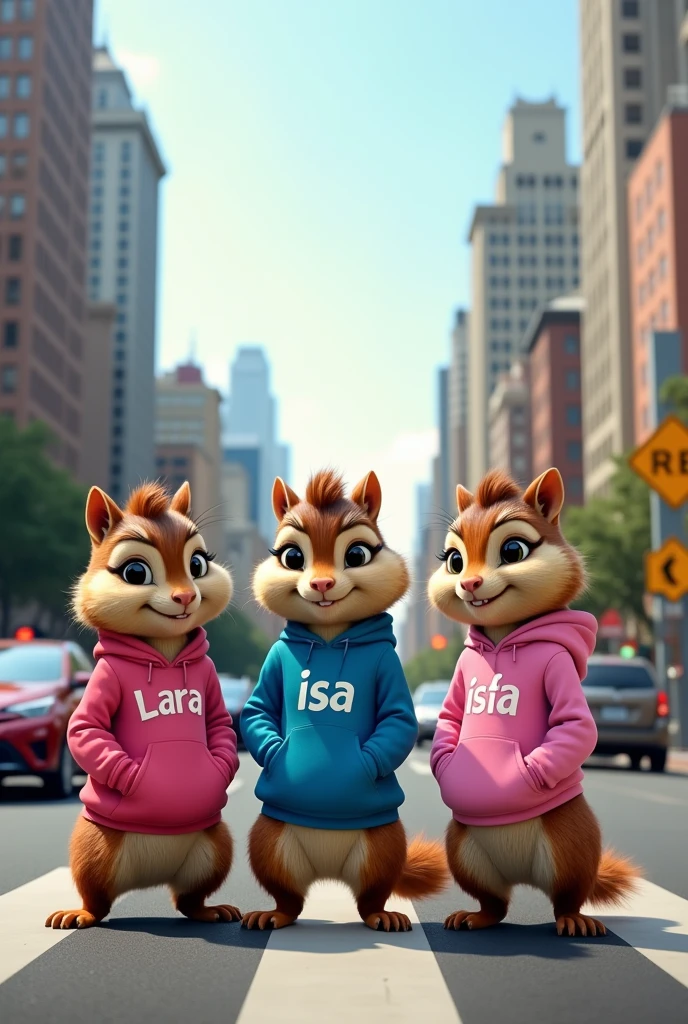 live-action with three anthropomorphic female squirrels, 'Alvin and the Chipmunks',' in the middle of a busy street in a big city. Lara has to be in the middle, and Isa and Sofia on the ends. The squirrels are wearing human clothes: Isa wears a pink sweatshirt with her name written on it, Lara wears a blue jacket with her name written on it and Sofia wears a pink sweatshirt with her name written on it.. Ao fundo, There are tall buildings, street signs and cars, capturing the vibrant atmosphere of a big city during the day