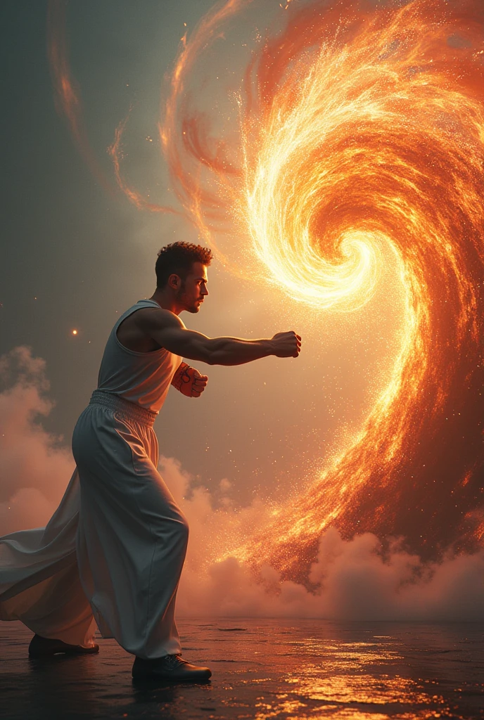 a stylish guy training boxing in the fourth dimension while the master of wizards throws a fireball at him