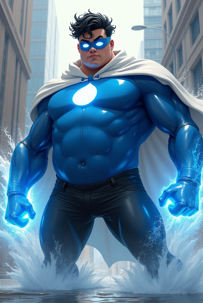 Create an image of a ager with water powers, This teen is wearing a costume with a blue shirt with the symbol of a white drop in the middle, he wears a blue mask with completely white eyes, and also wears black pants with a white cape, This teenager white skin and black hair, he is fat, and he has very curly, curly hair and very short hair.