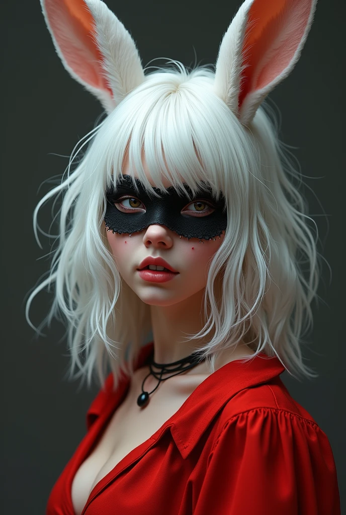 Female character with white hair, rabbit ears, black mask and red blouse