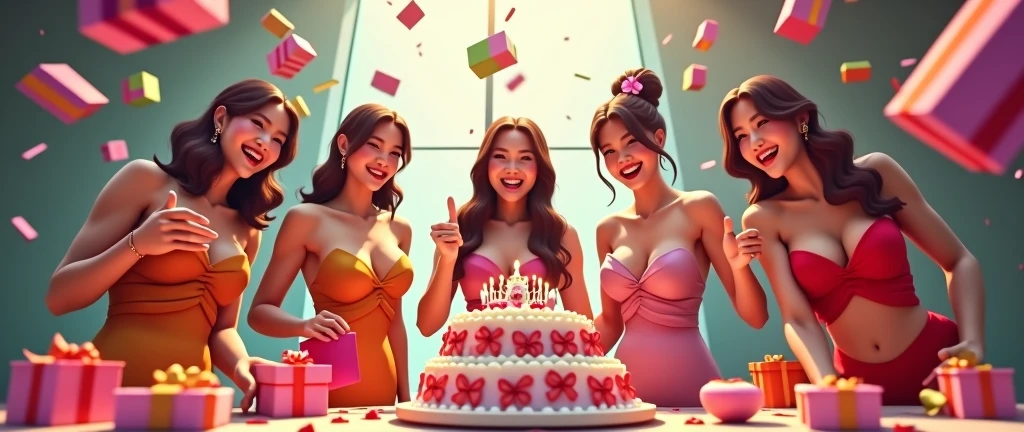 This is a birthday party scene. Delicious-looking cakes are flying around. Gift boxes of various colors fly around. There were a lot of pretty Asian female casino dealers celebrating my birthday.