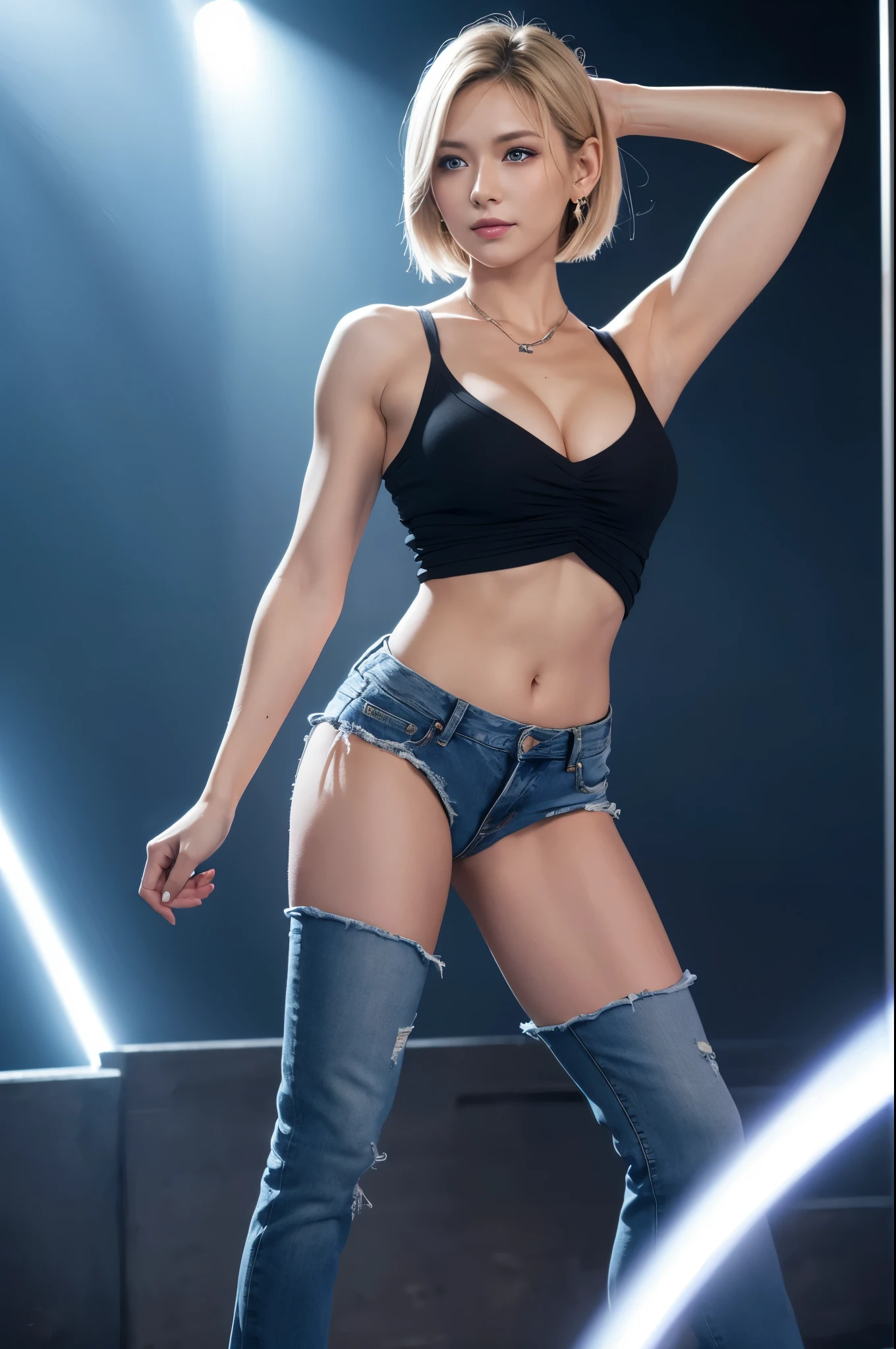 8k,Highest quality, High resolution, AND18, One Girl, Android 18, alone, Blonde, blue eyes, short hair, Earrings, jewelry, Denim dress, Open Vest, Black Pantyhose, Black Shirt, Jeans Skirt, Blue Skirt, Medium chest, street, (External dilated chest: 1.2) Energy is released from the body (Blue white light effect),Highest qualityのフォトリアリスティックRAW写真。Backlight、Cinema Lighting、Film Grain、50mm lens、Nikon D850、Realistic Skin、Fantasy art、Character Art、超High resolution、muscular and slim body、超Realistic Skin、Super Muscular Beauty,smile,Dynamic karate pose with clenched fists,Showing cleavage,