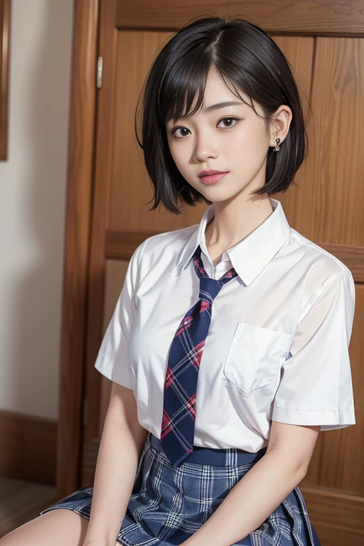 (masterpiece), (highest quality:1.3), ((photo realistic:1.3)), ((young Japanese girl)), 14才, realistic skin, (broad jawline:1.3), puffy face, ((short bob cut), (messy hair:1.4)), perfect anatomy, flat chest, ((female school uniform:1.2), (white thin tight shirt), tartan check pleated skirt, (navy calf length socks:1.1),ladies navy loafer shoes, red necktie), earrings,Very well-formed face, (no makeup:1.2), (laugh out loud:1.2), school tracks