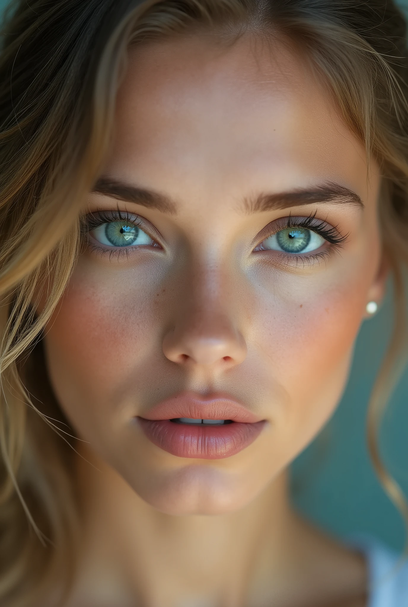 create a photograph of a beautiful woman's face with a perfect face, with one green eye and one blue eye, with smooth and clear skin, with dark blonde hair