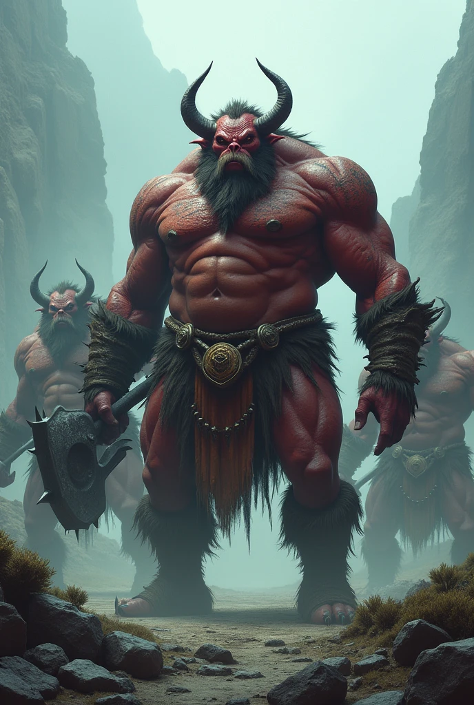 Three ogres standing in a misty mountain landscape。The ogres are muscular.々in、Wearing a tiger striped loincloth、In one hand he holds a large, spiked metal club.。The leading ogre in front、獰猛in威圧的かつ、まるinドラゴンやタイガーの様な表情in、Looking directly at the viewer。There are two ogres behind him.。The image was taken from a low angle、Looking up at the ogres。これらのオーガはおinこの中心にまっすぐ、Thick、Short、The corners of the cone１Hon-growing。The ogres are taking big steps forward、肌はワインのように赤いinす。Get your whole body in the frame、ゆっくりと進撃しているポーズin描かれています。