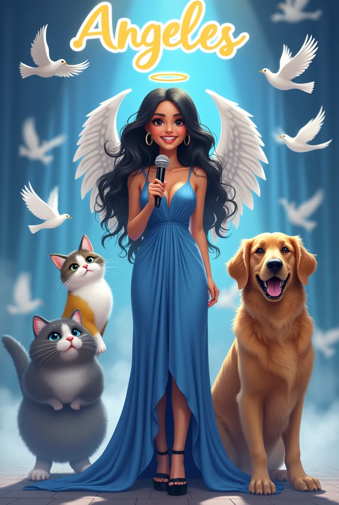 Una chica de 26 años de color de piel café ,con unas alas grandes como un angel con una sonrisa y tiene puesto brackets en sus dientes , su cabello ondulado negro con un vestido largo azul y tacones negros altos como Diosa en un escenario lleno de palomas con un micrófono , junto a ella están sus 3 mascotas un gatito gris grande angora color plomo todo su cuerpo y su otra mascota que es una gatita amarilla con blanca su nombre es Nini es más pequeña y su última mascota que es un perrito Golden grande color beige su nombre es Osito en el escenario tiene un nombre grande qu dice Angeles