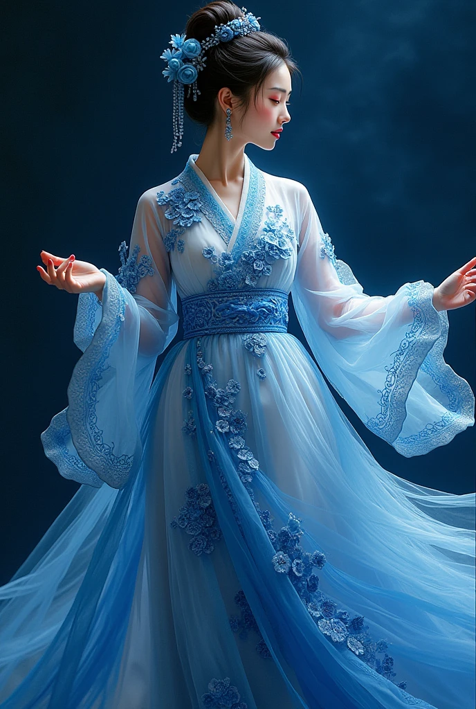 Ancient beauty with expression，Busy，The artwork is created with gouache on paper, with bold colors and patterns reflecting the artist's unique artistic vision. It combines deep blue shades, creating a compelling visual experience. This work depicts an elegant figure on a black background, adding depth to the entire work，New China，Color curve，Exquisite Han Dynasty chiffon dress，High-speed motion blur