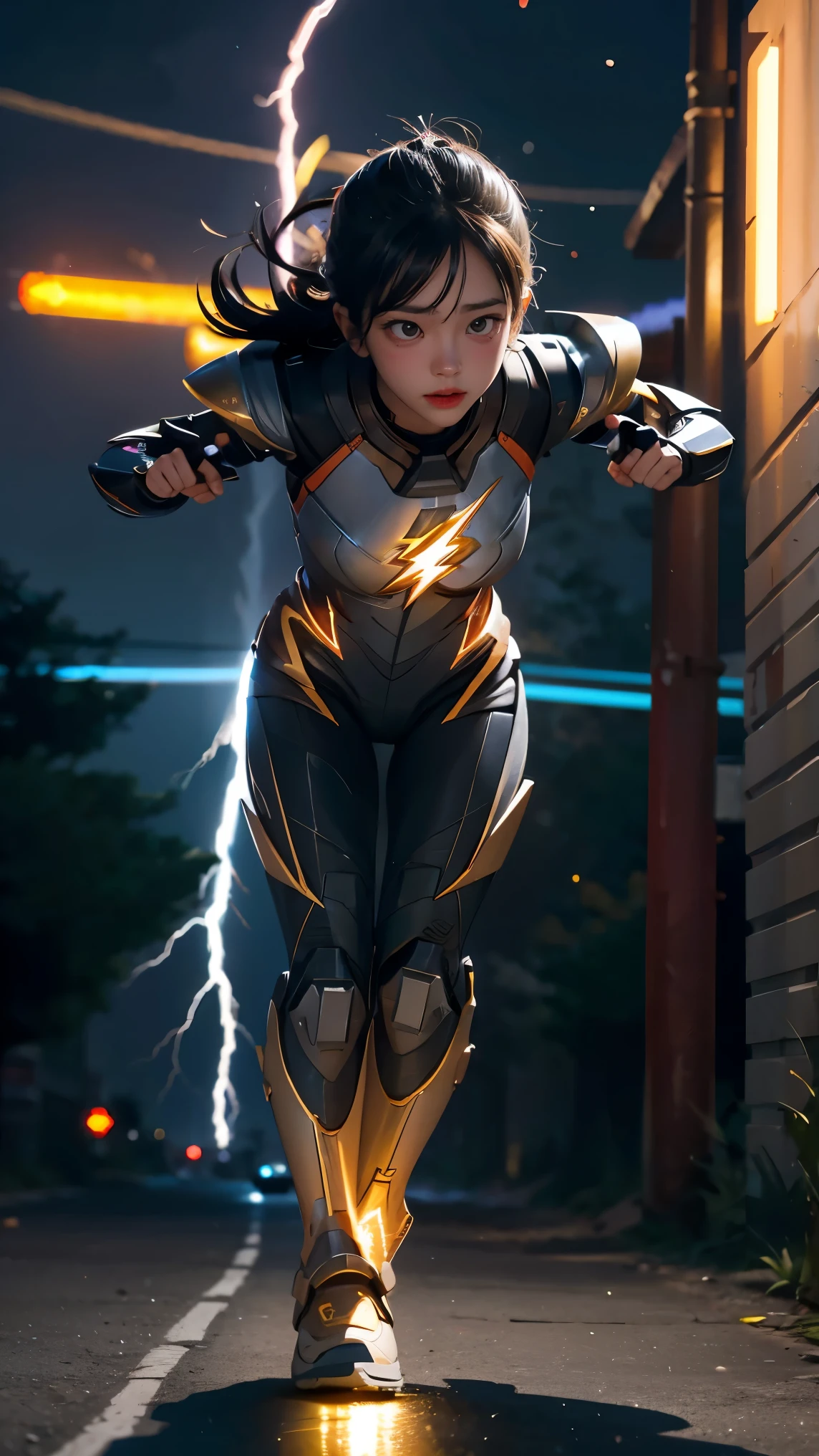 1girl, The Flash, lightning, running pose, street, particle,  full body, pov, from below, power armor, dynamic pose,