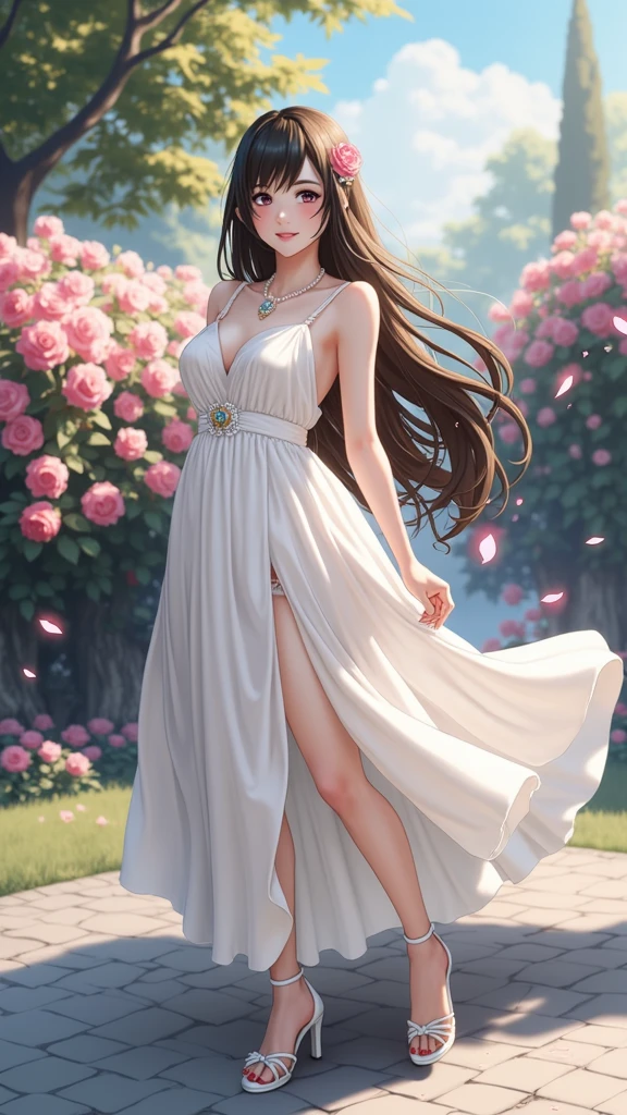 (masterpiece、Highest quality、8k、High resolution)、(One female、Beautiful Face、Beautiful eyes、Beautiful lips、Beautiful nose)、smile、The white upper teeth are faintly visible、Brown-black hair、(The best girl in anime)、garden、blue sky、Colorful flowers are blooming、Vibrant colors、Red roses are beautiful、(Body、whole bodyから神秘的な光の粒子、Colorful light particles、A mysterious light glowing around the head)、melt、jewelry、necklace、dress、(whole body)、Highly detailed anime art、A complete portrayal、