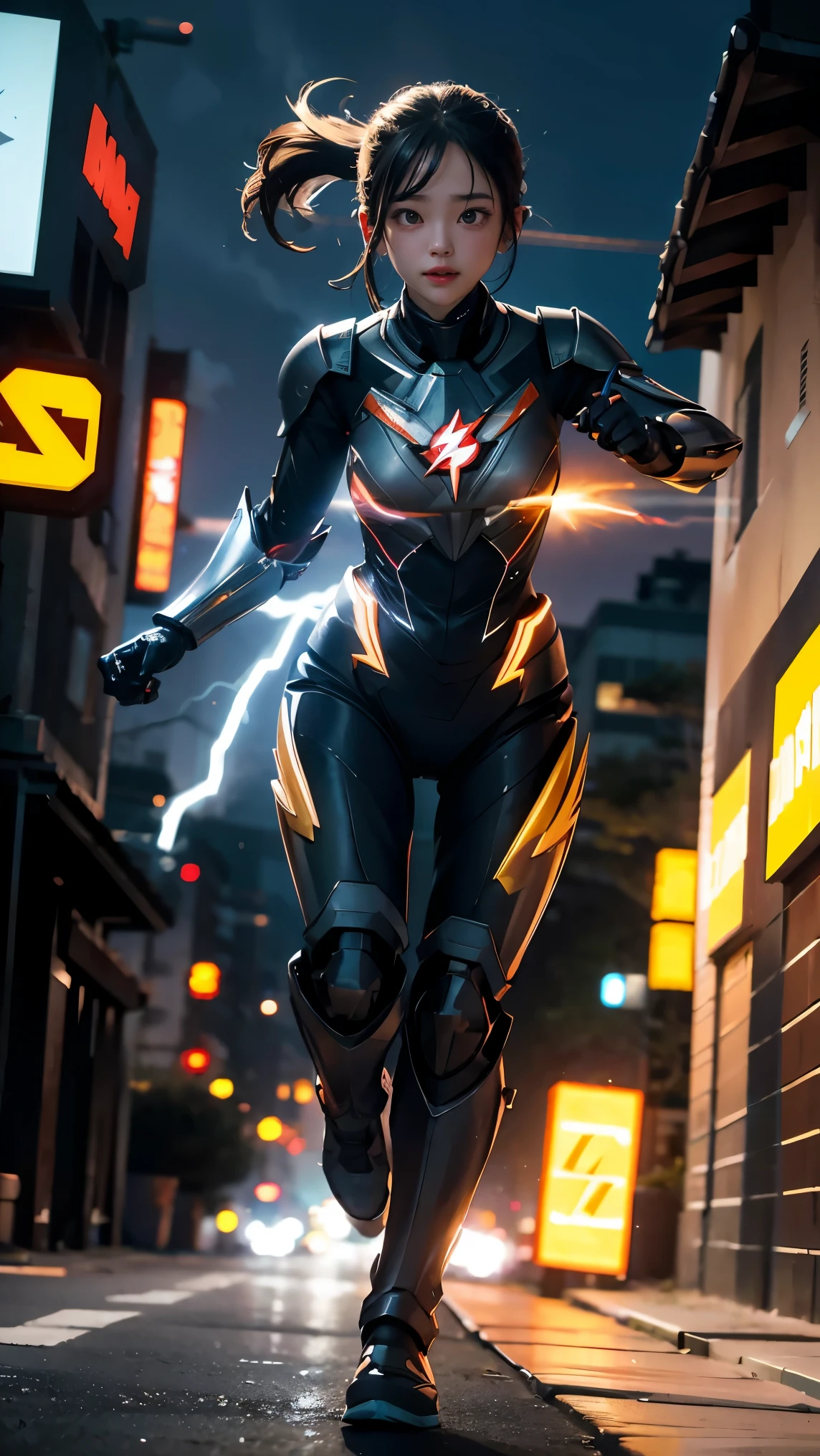 1girl, The Flash, lightning, running pose, street, particle, full body, pov, from below, power armor, dynamic pose,