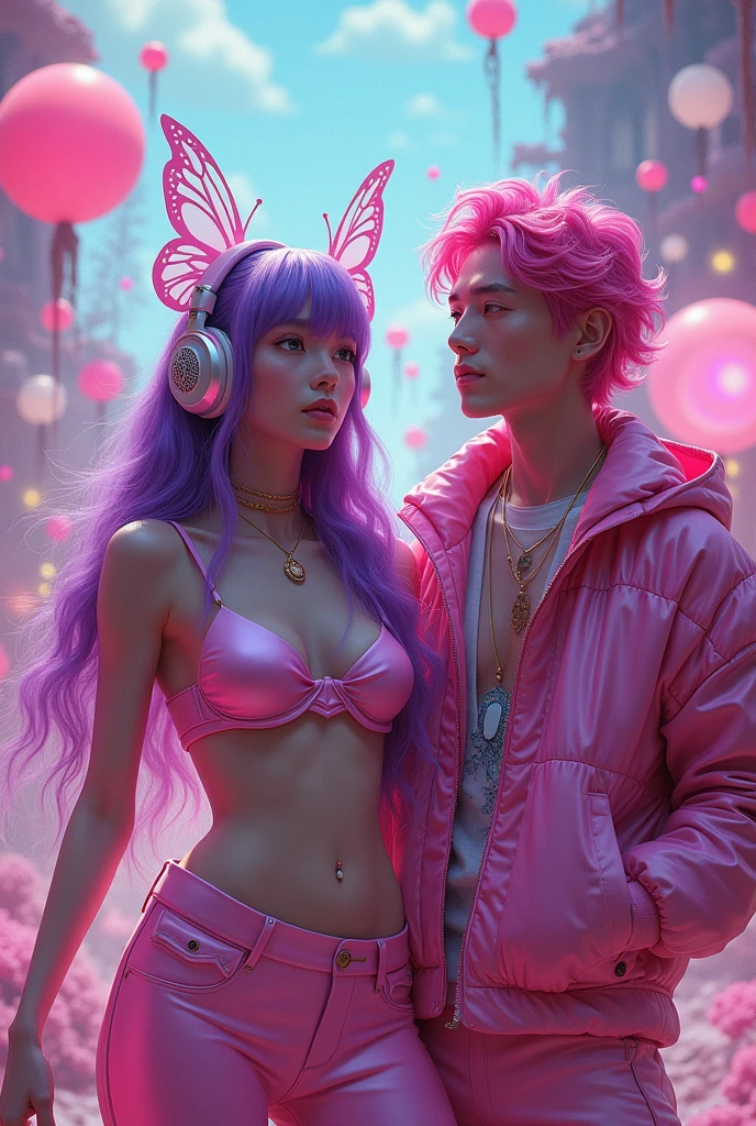 Korean purple hair butterfly woman with headphone and shiny pink outfit and pink hair man friends clip cover