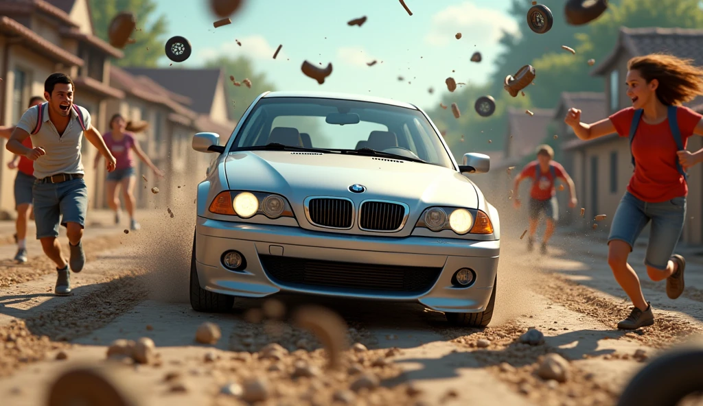 Im Stil von Cartoon 3D-Animations-Filmen. Villagers flee in fear from car wheels flying through the air and a speeding silver BMW E46 Compact. A villager is brutally killed by a tire.
