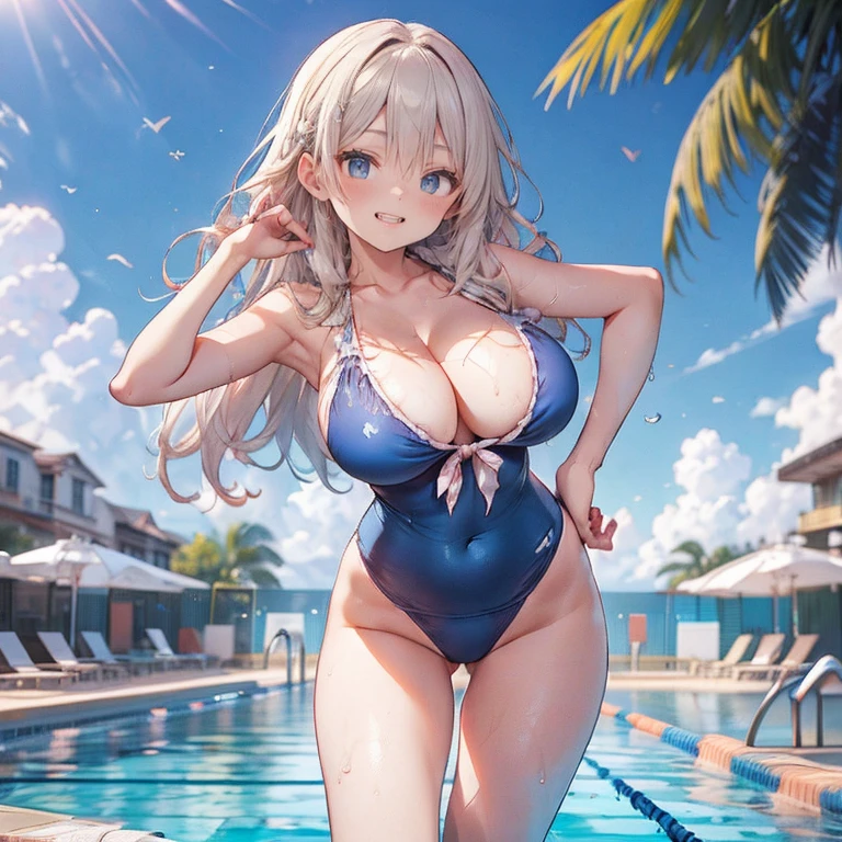 Anime Kawaii sexy Perfect Slim sensual body large breast and huge thighs, An intricate and highly detailed illustration of anime (Young girl) Highest quality、masterpiece、(1 adult female:1.3)、(Soft bust:1.2)、nature 、Girl in competitive swimsuit,beautiful,smile,Pool,Tempting,((Looking at the audience)、Textured skin、(smile)、blush、(Blue summer sky:1.3),(Beautiful background of beach pool:1.3)