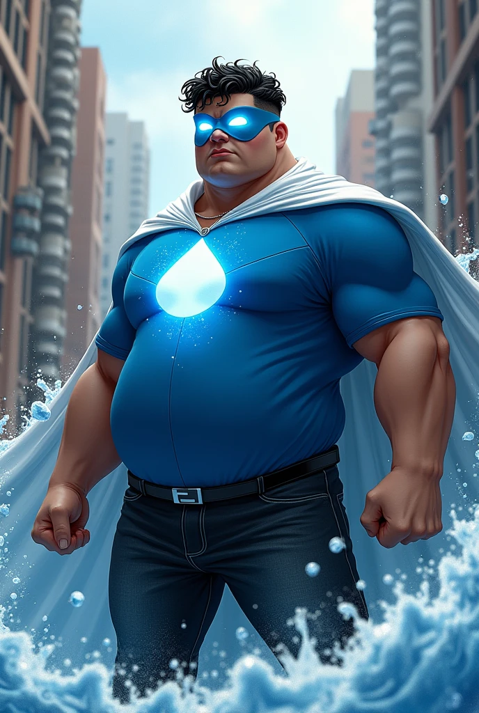 Create an image of a teenager with water powers, This teenager is wearing a costume with a blue shirt with the symbol of a white drop in the middle, he wears a blue mask with completely white eyes, and also wears black pants with a white cape, This teenager has white skin and black hair, he is fat, and he has very curly, curly hair and very short hair.
