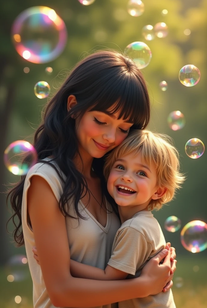 A Brazilian woman from behind with long black hair and bangs with her 3-****-*** blond son with slightly voluminous hair, they are playing with colorful soap bubbles 