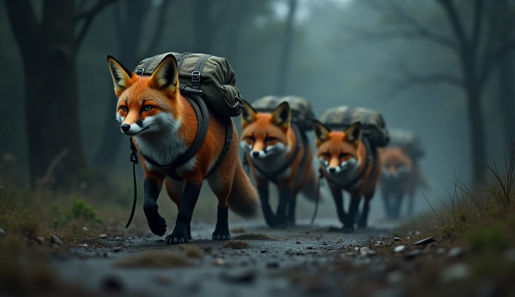 SEVERAL FOXES MOVING FORWARD OUT OF THE DARKNESS WITH BACKPACKS ON THEIR BACKS AFTER A SAD MOMENT