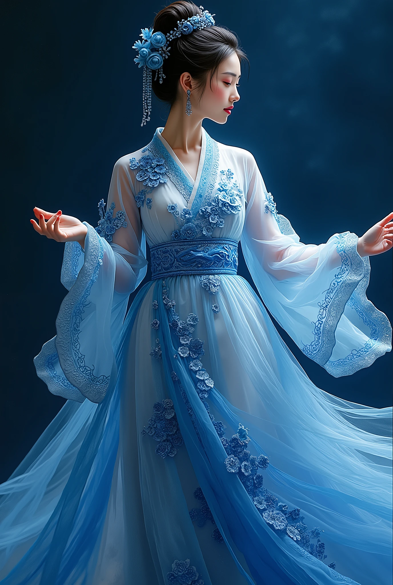 Ancient beauty with expression,Busy,The artwork is created with gouache on paper, with bold colors and patterns reflecting the artist's unique artistic vision. It combines deep blue shades, creating a compelling visual experience. This work depicts an elegant figure on a black background, adding depth to the entire work,New China,Color curve,Exquisite Han Dynasty chiffon dress,High-speed motion blur