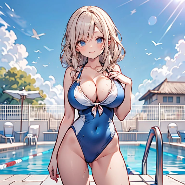 Anime Kawaii sexy Perfect Slim sensual body large breast and huge thighs, An intricate and highly detailed illustration of anime (Young girl) Highest quality、masterpiece、(1 adult female:1.3)、(Soft bust:1.2)、nature 、Girl in competitive swimsuit,beautiful,smile,Pool,Tempting,((Looking at the audience)、Textured skin、(smile)、blush、(Blue summer sky:1.3),(Beautiful background of beach pool:1.3)