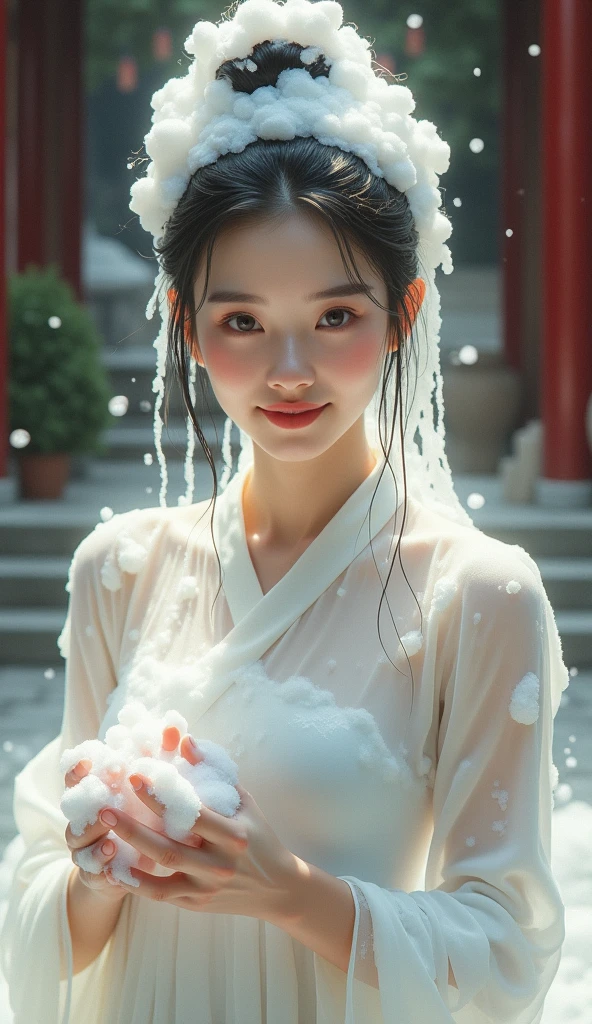Create an Asian beauty,Standing on the ground,Beautiful big eyes,Regular facial features,Normal limbs,White traditional cheongsam,Hair in a bun,Washing hair with hands on head,There is a lot of real foam on the scalp,The hair is covered with white real foam,Very happy expression,Ancient courtyard background,9:16 frames,Ultra HD painting