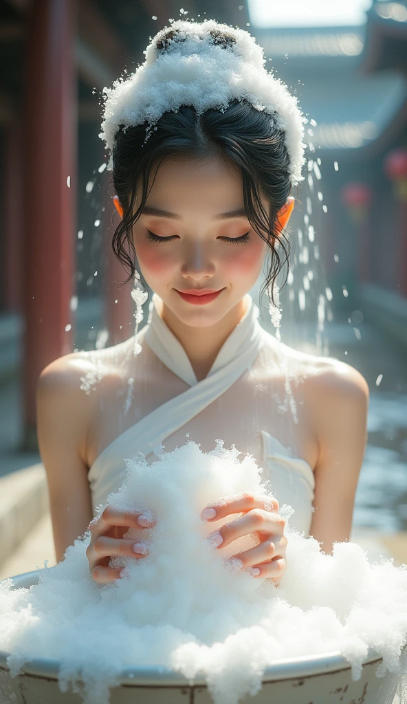 Create an Asian beauty,Standing on the ground,Beautiful big eyes,Regular facial features,Normal limbs,White traditional cheongsam,Hair in a bun,Washing hair with hands on head,There is a lot of real foam on the scalp,The hair is covered with white real foam,Very happy expression,Ancient courtyard background,9:16 frames,Ultra HD painting