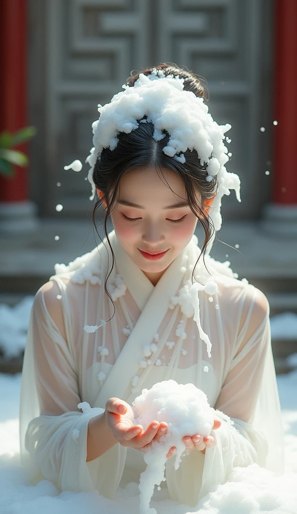 Create an Asian beauty,Standing on the ground,Beautiful big eyes,Regular facial features,Normal limbs,White traditional cheongsam,Hair in a bun,Washing hair with hands on head,There is a lot of real foam on the scalp,The hair is covered with white real foam,Very happy expression,Ancient courtyard background,9:16 frames,Ultra HD painting