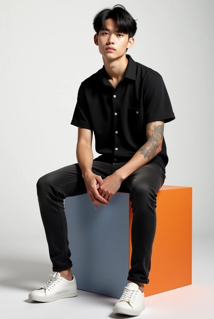 best qualityer:1.4), (ultra high resolution:1.2), (photorrealistic:1.4), (8k, CRU photo:1.2), 1 young man, 25 years old, with white skin. Straight black hair with a little volume. honey-colored eyes . He's wearing a black button-down shirt. black jeans pants. White sneakers. He is sitting on a colored cube. It is in a photography studio with a white background. He has a tattoo on his left arm
